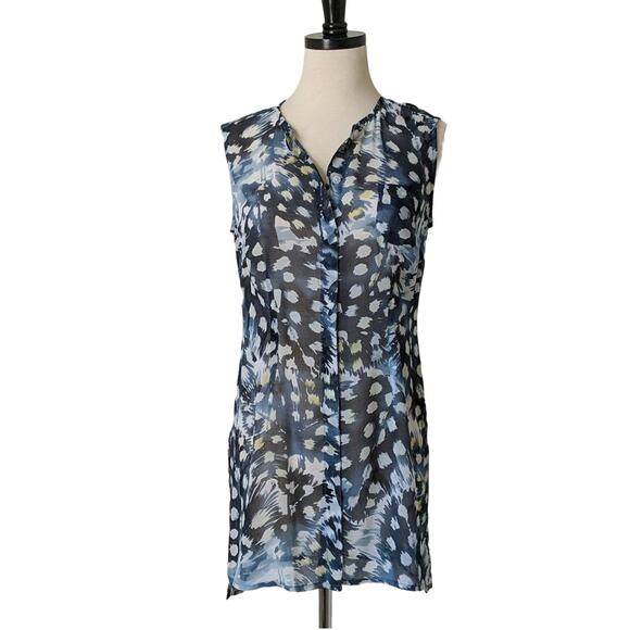 CAbi Tops - CAbi Avery Tunic Sleeveless Blouse Sheer Feathers Button Up Blue Lightweight XS